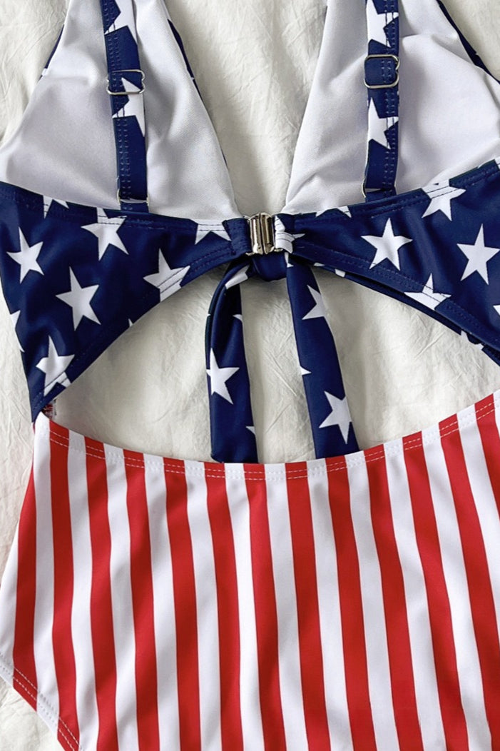 US Flag Cutout Tie Cross One Piece Swimwear