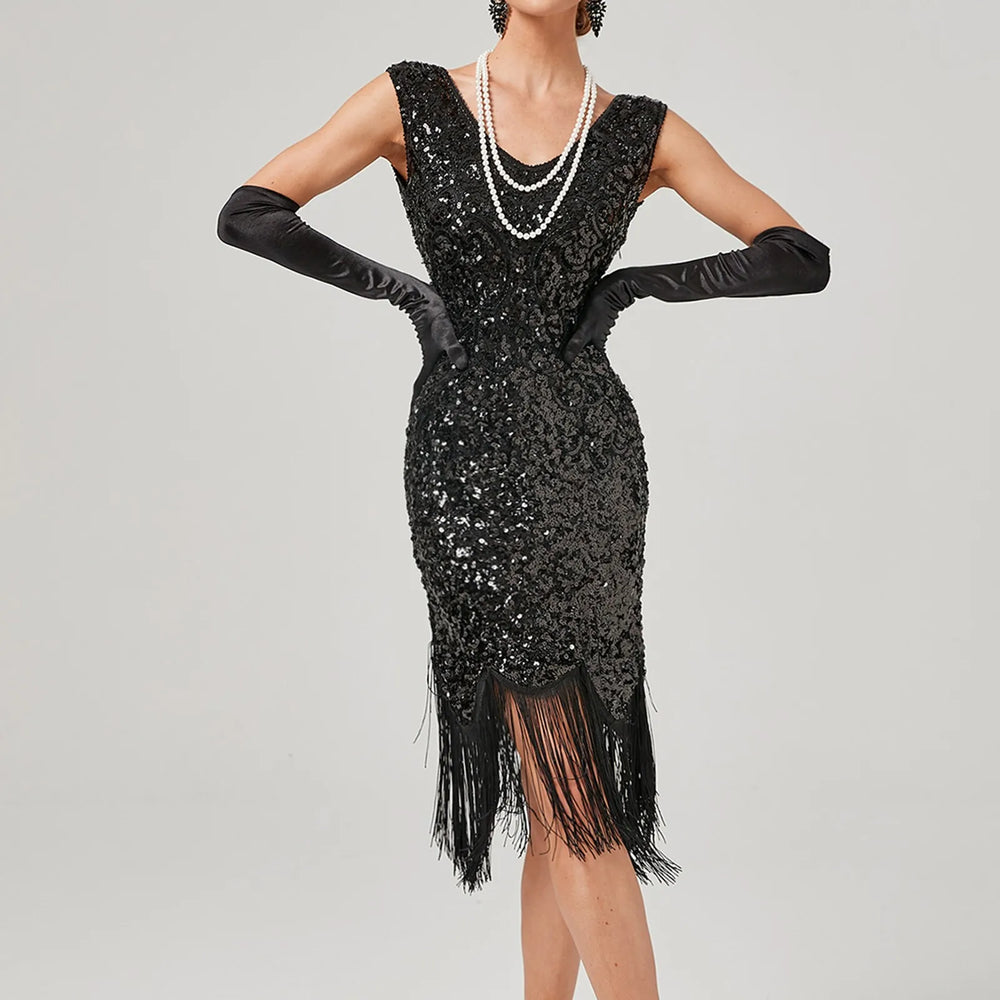 1920s Vintage Flapper Great Gatsby Party V Neck Sleeveless Sequin Beaded Tassel Sun Vestidos Prom Dress