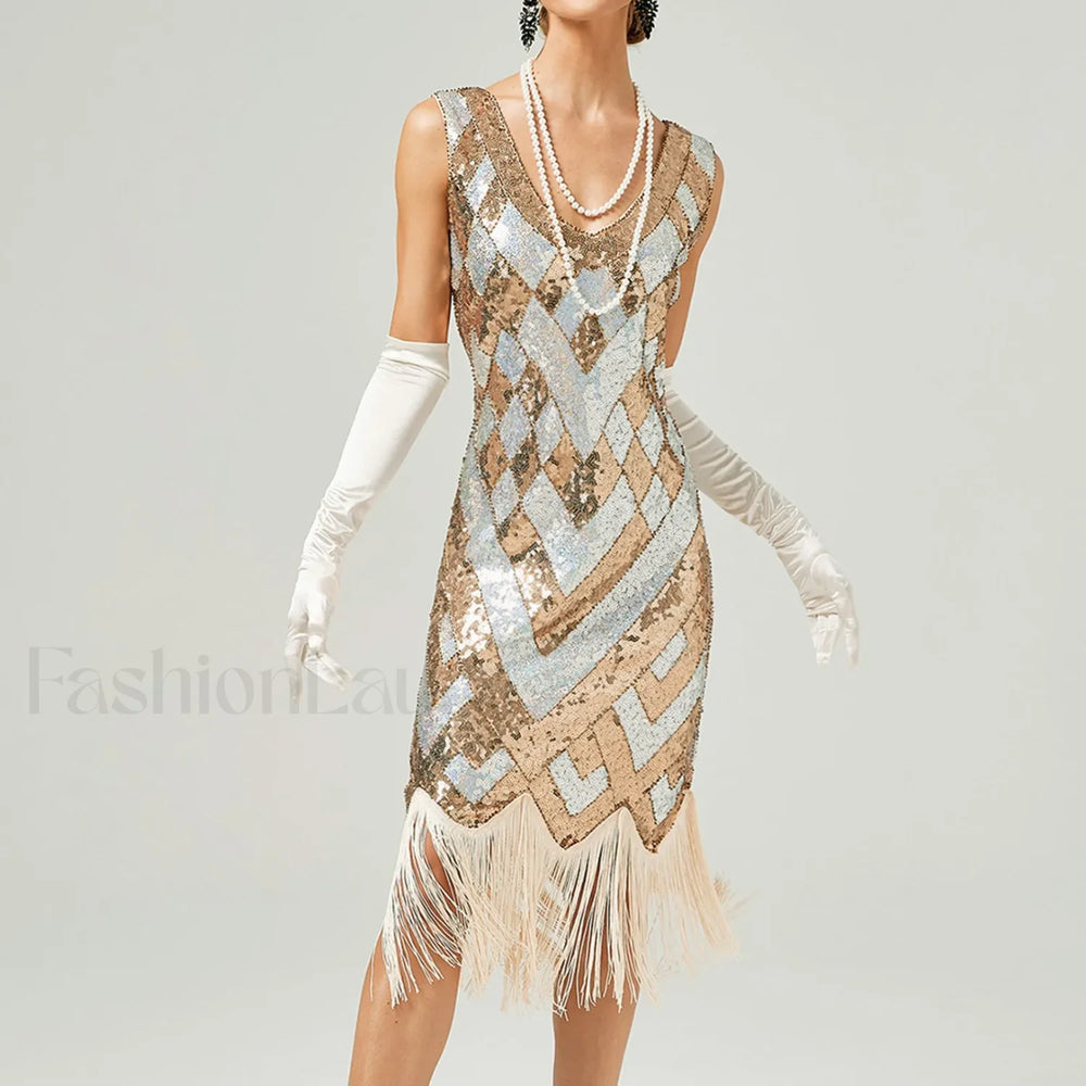 1920s Vintage Flapper Great Gatsby Party V Neck Sleeveless Sequin Beaded Tassel Sun Vestidos Prom Dress GOLD / S