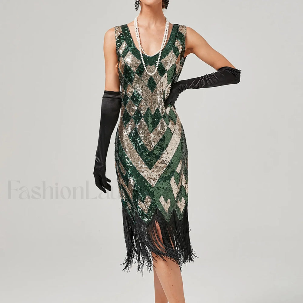 1920s Vintage Flapper Great Gatsby Party V Neck Sleeveless Sequin Beaded Tassel Sun Vestidos Prom Dress GREEN / S