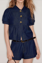 Puff Sleeve Denim Top Low Rise Shorts Set