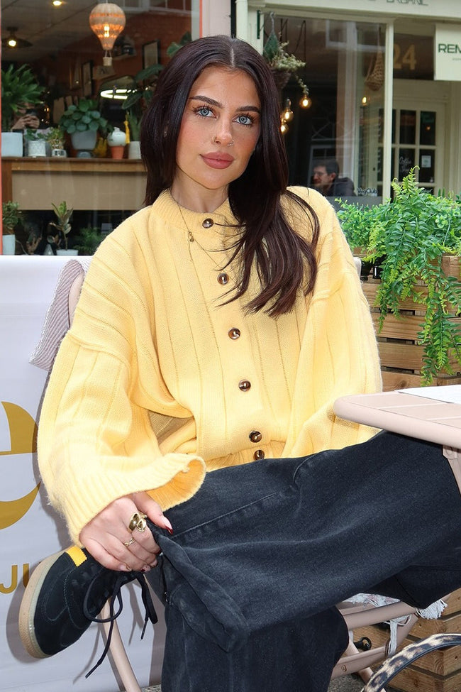 Yellow Ribbed Round Neck Knit Cardigan Main image