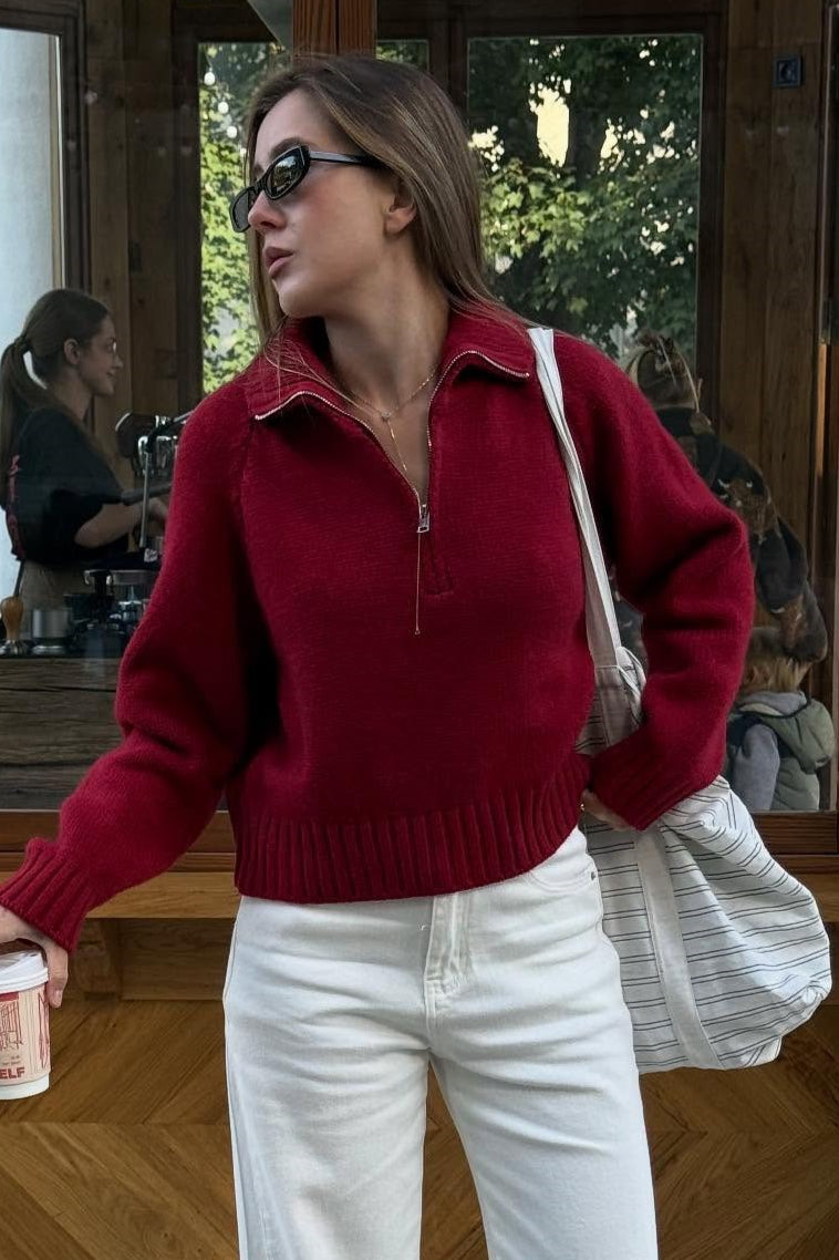 Solid Color Notched Collar Relaxed Knit Sweater Secondary image