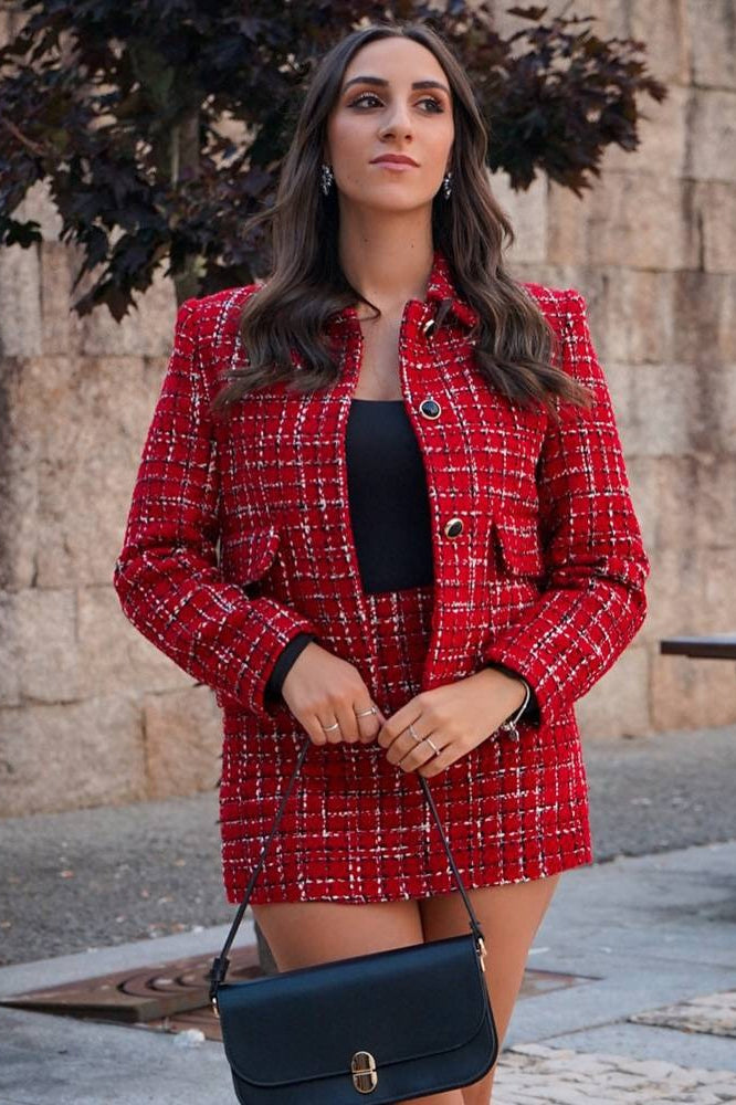 Padded Shoulder Tweed Two Piece Blazer Skirt Set Secondary image
