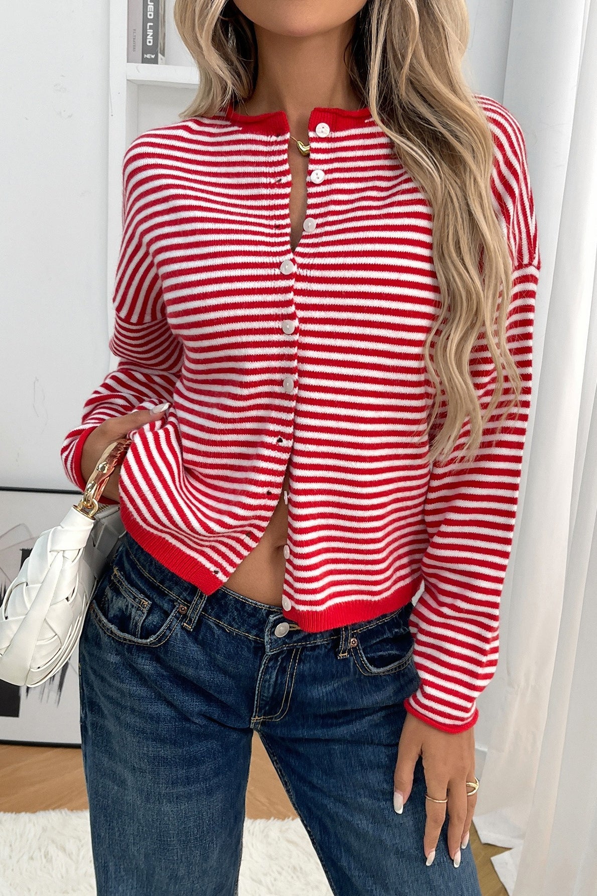Striped Knit Round Neck Cardigan Secondary image