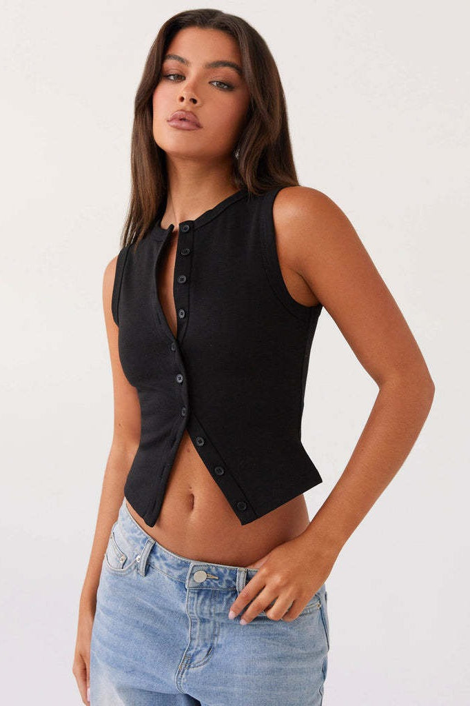 Round Neck Button Detail Ribbed Slim Tank Top Secondary image