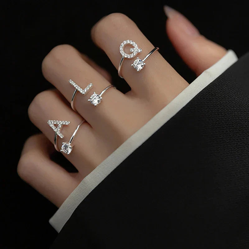 Shining Rhinestone New Fashion Initial Alphabet Opening Charm Jewelry Ring Main image