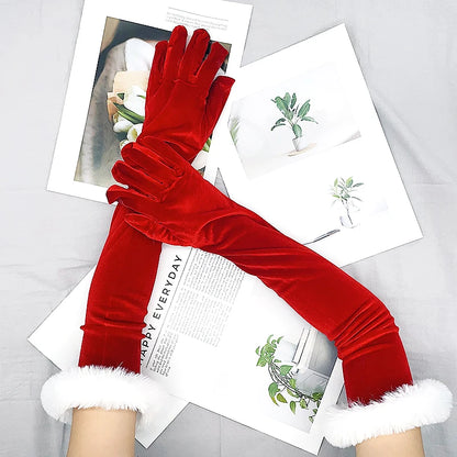 Festive Red Gold Velvet White Plush Full Finger Party Costume Christmas Glove