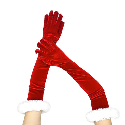 Festive Red Gold Velvet White Plush Full Finger Party Costume Christmas Glove