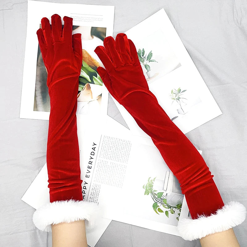 Festive Red Gold Velvet White Plush Full Finger Party Costume Christmas Glove