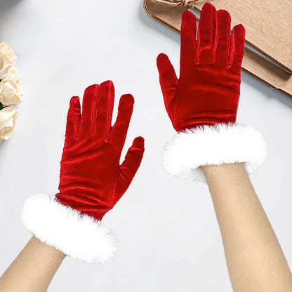 Festive Red Gold Velvet White Plush Full Finger Party Costume Christmas Glove