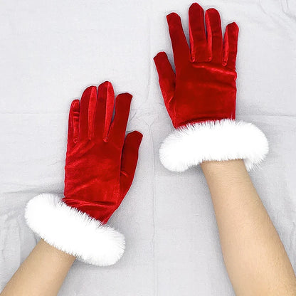 Festive Red Gold Velvet White Plush Full Finger Party Costume Christmas Glove