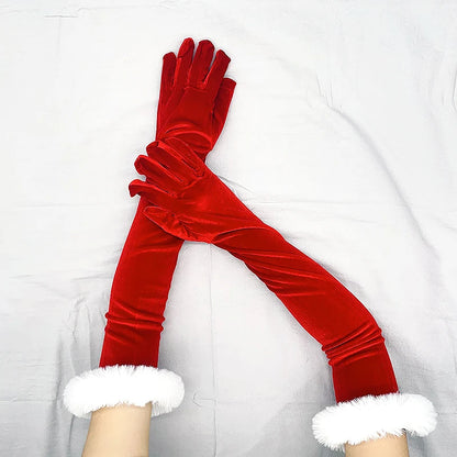 Festive Red Gold Velvet White Plush Full Finger Party Costume Christmas Glove