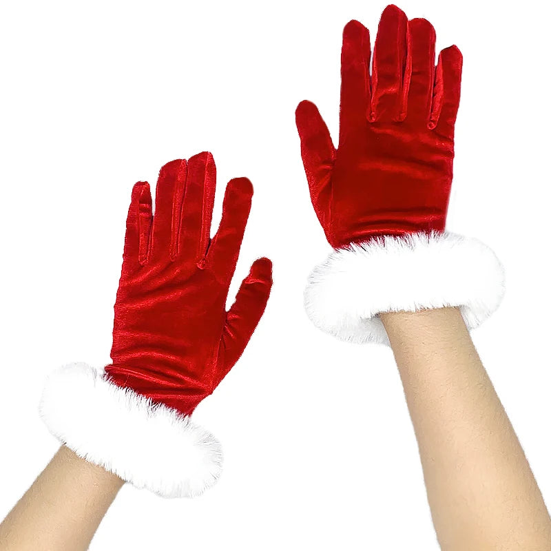 Festive Red Gold Velvet White Plush Full Finger Party Costume Christmas Glove