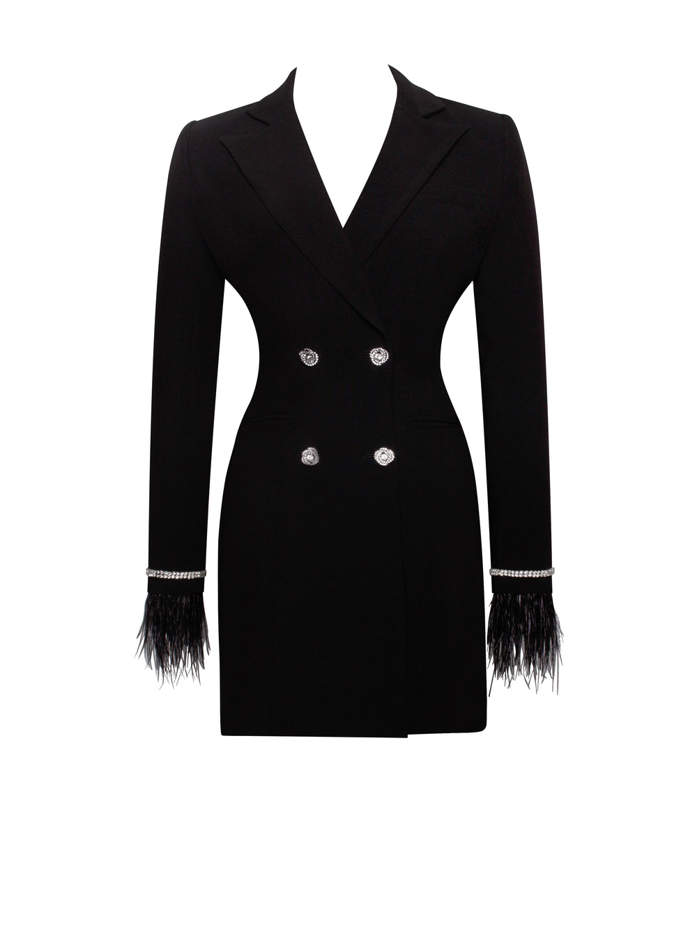 Quilla Black Feather Crystal Graceful Sleeve Backless Blazer Dress Dresses