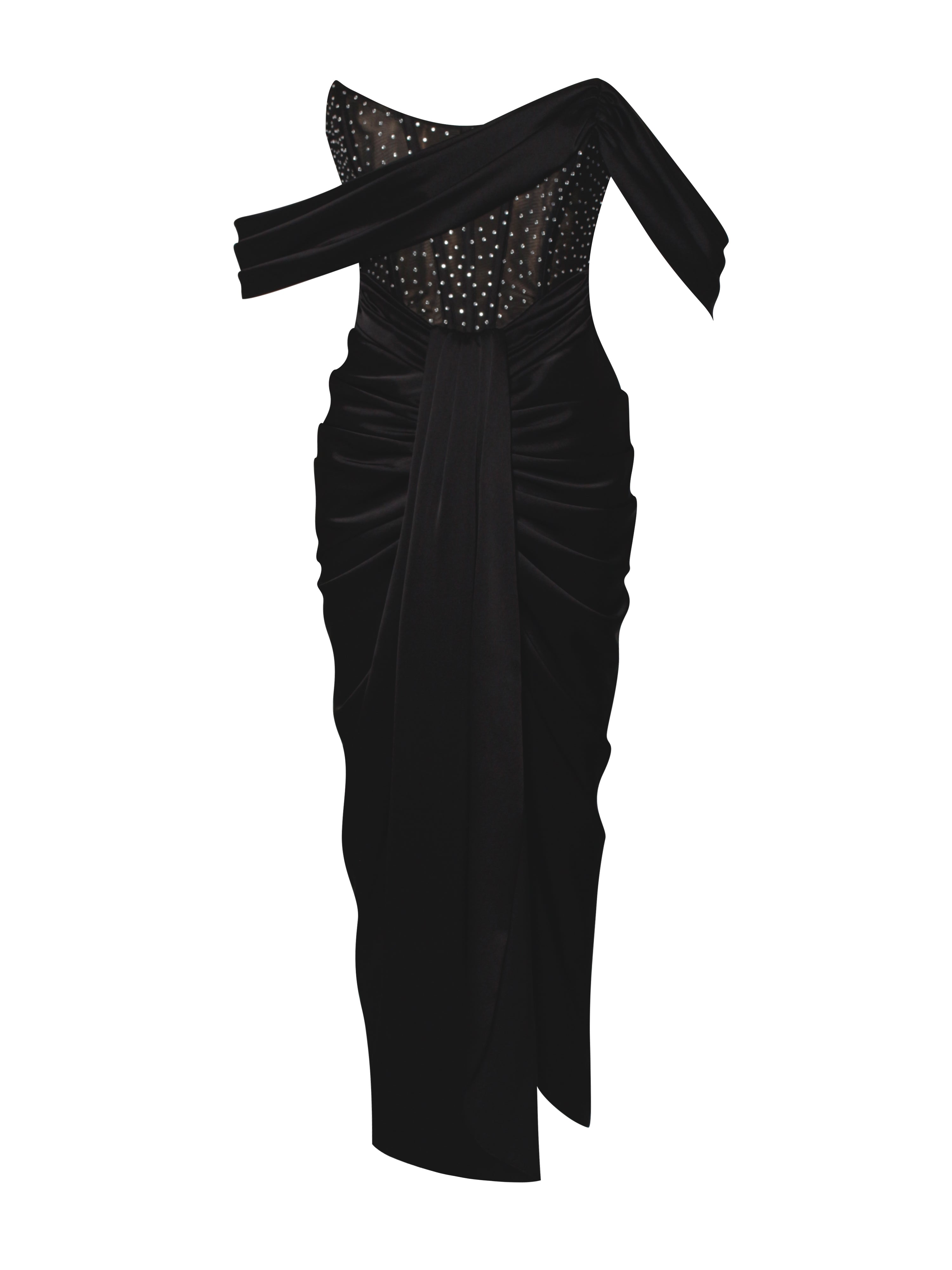 Stella Black Off Shoulder Graceful Crystal Corset Satin Gown Dresses