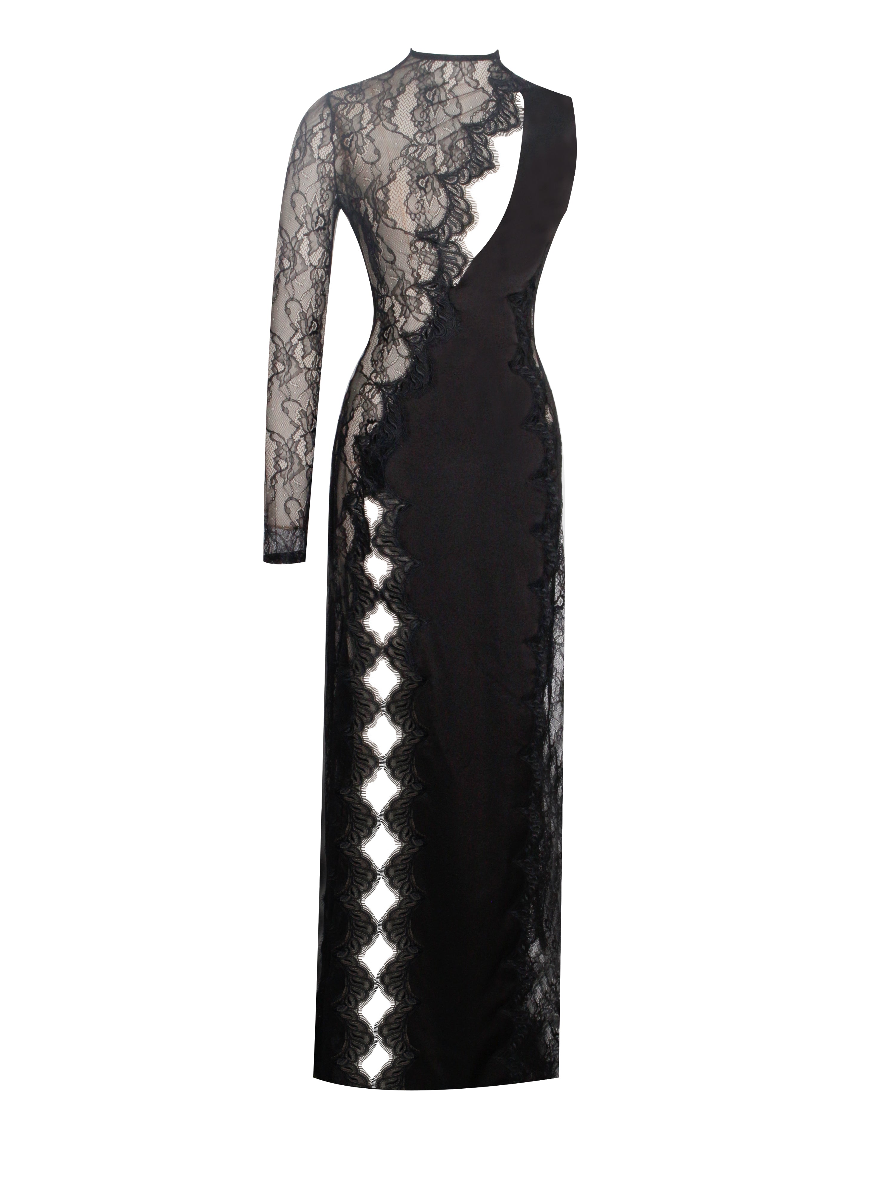 Weslyn Black Satin Charming Lace High Slit Dress Dresses