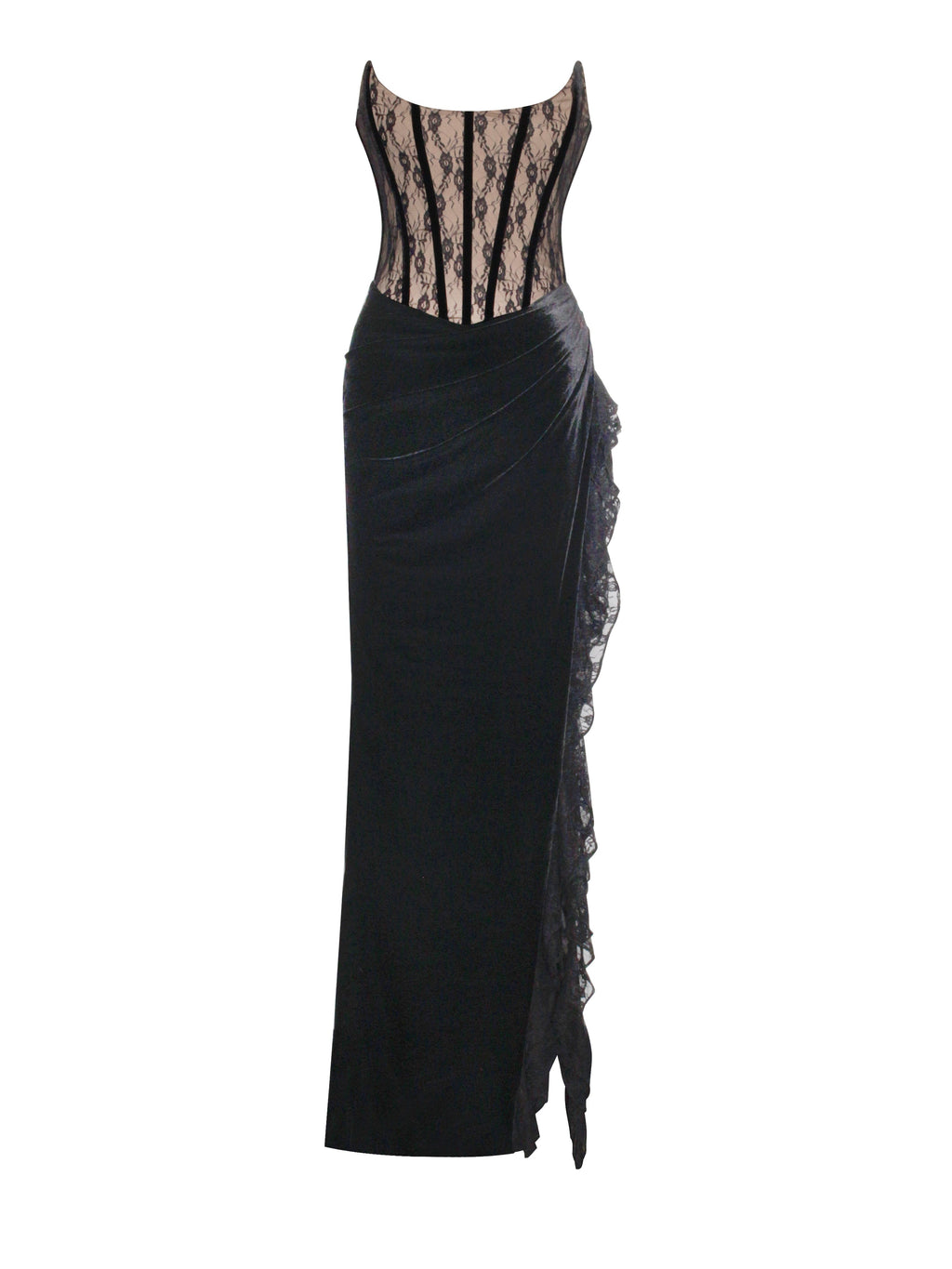 Gaia Black Lace Velvet Graceful Corset Side Slit Dress Dresses