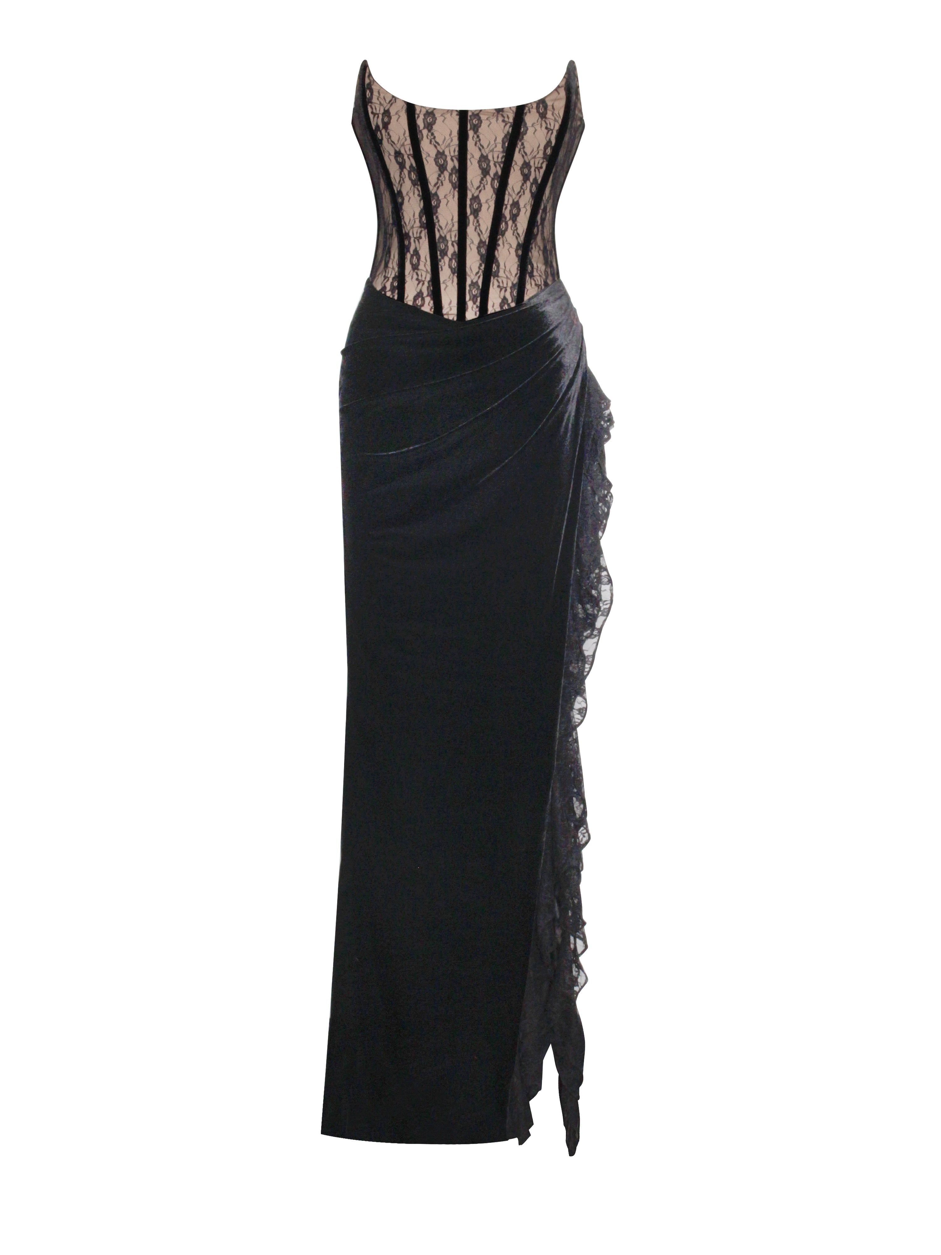 Gaia Black Lace Velvet Graceful Corset Side Slit Dress Dresses