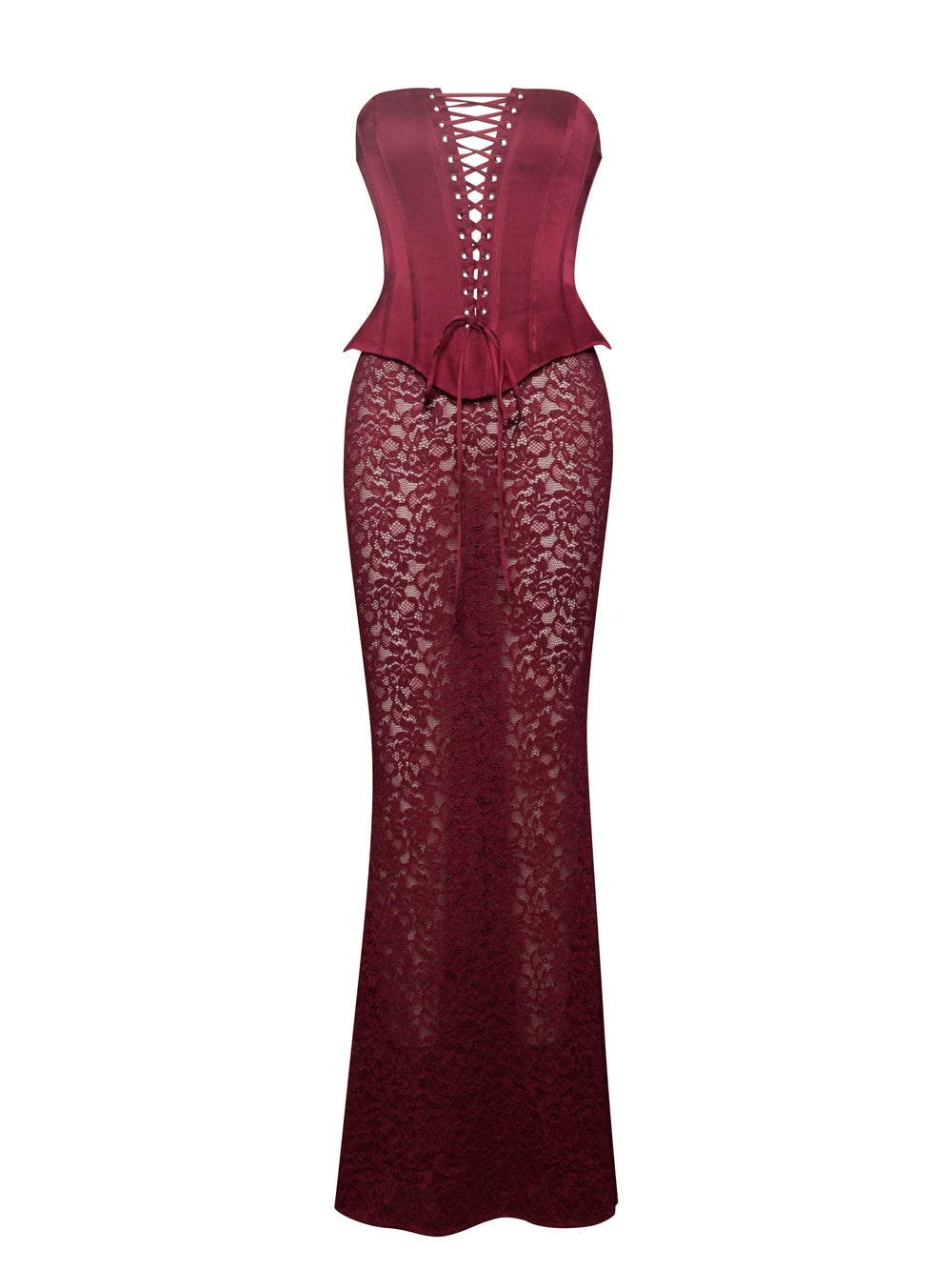 Lucinda Burgundy Satin Charming Lace Corset Maxi Dress Dresses
