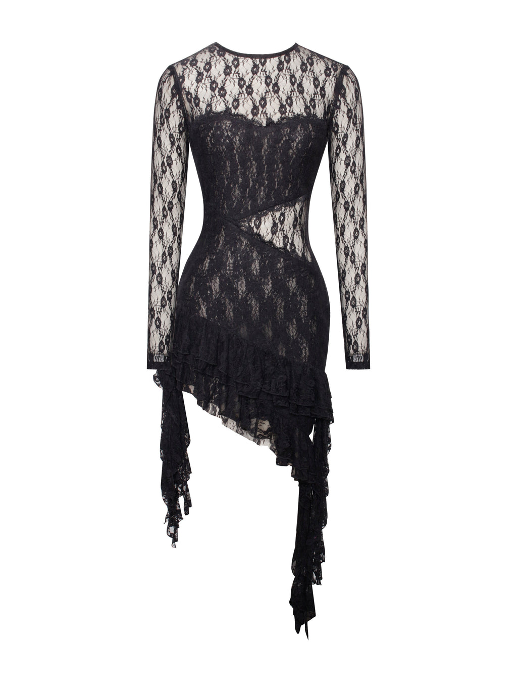 Omaira Black Lace Charming Long Sleeve Ruffle Dress Dresses