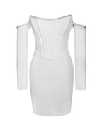 Annika White Off Shoulder Long Trendy Sleeve Corset Dress With Crystal Trim Dresses