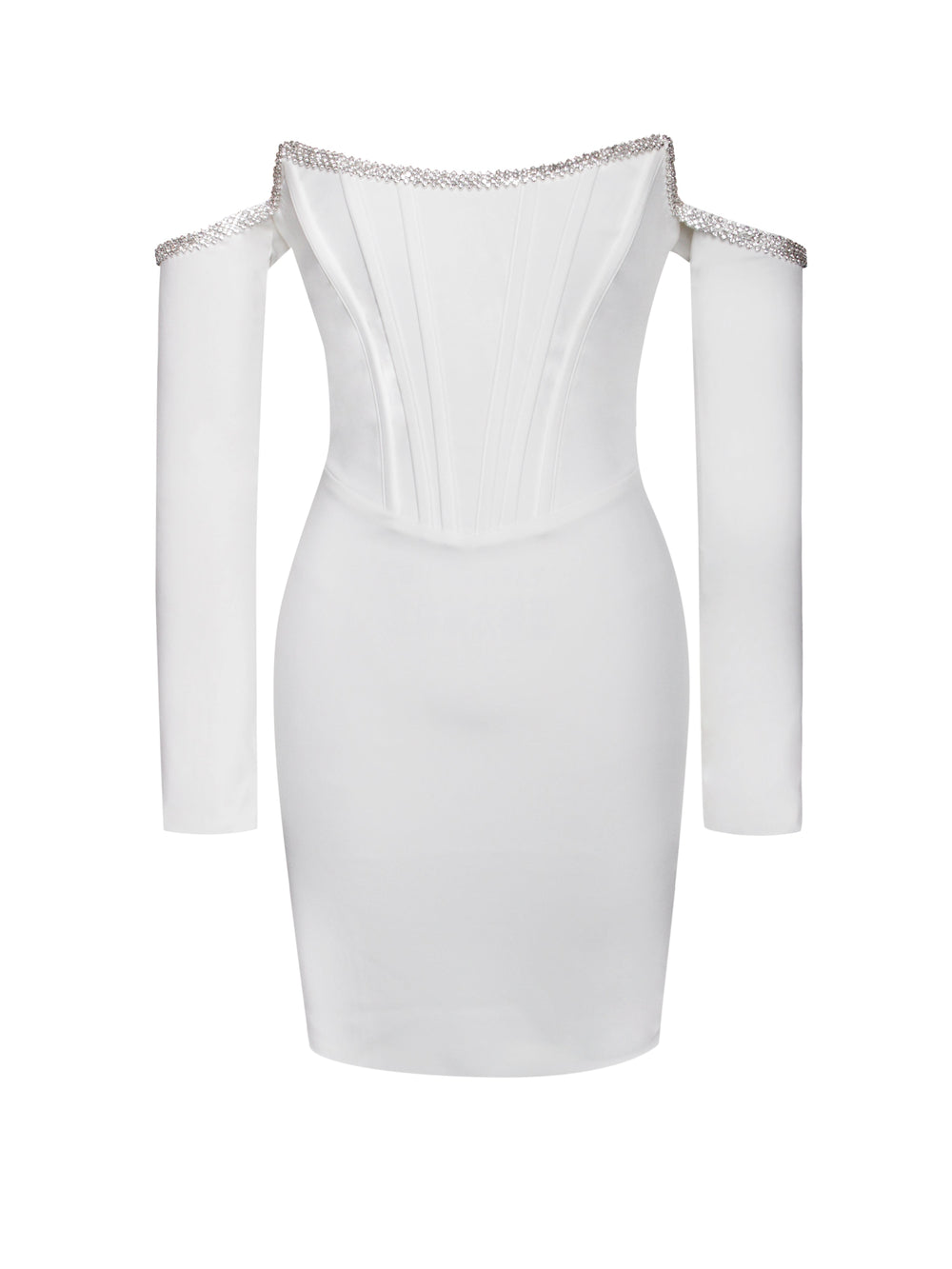 Annika White Off Shoulder Long Trendy Sleeve Corset Dress With Crystal Trim Dresses