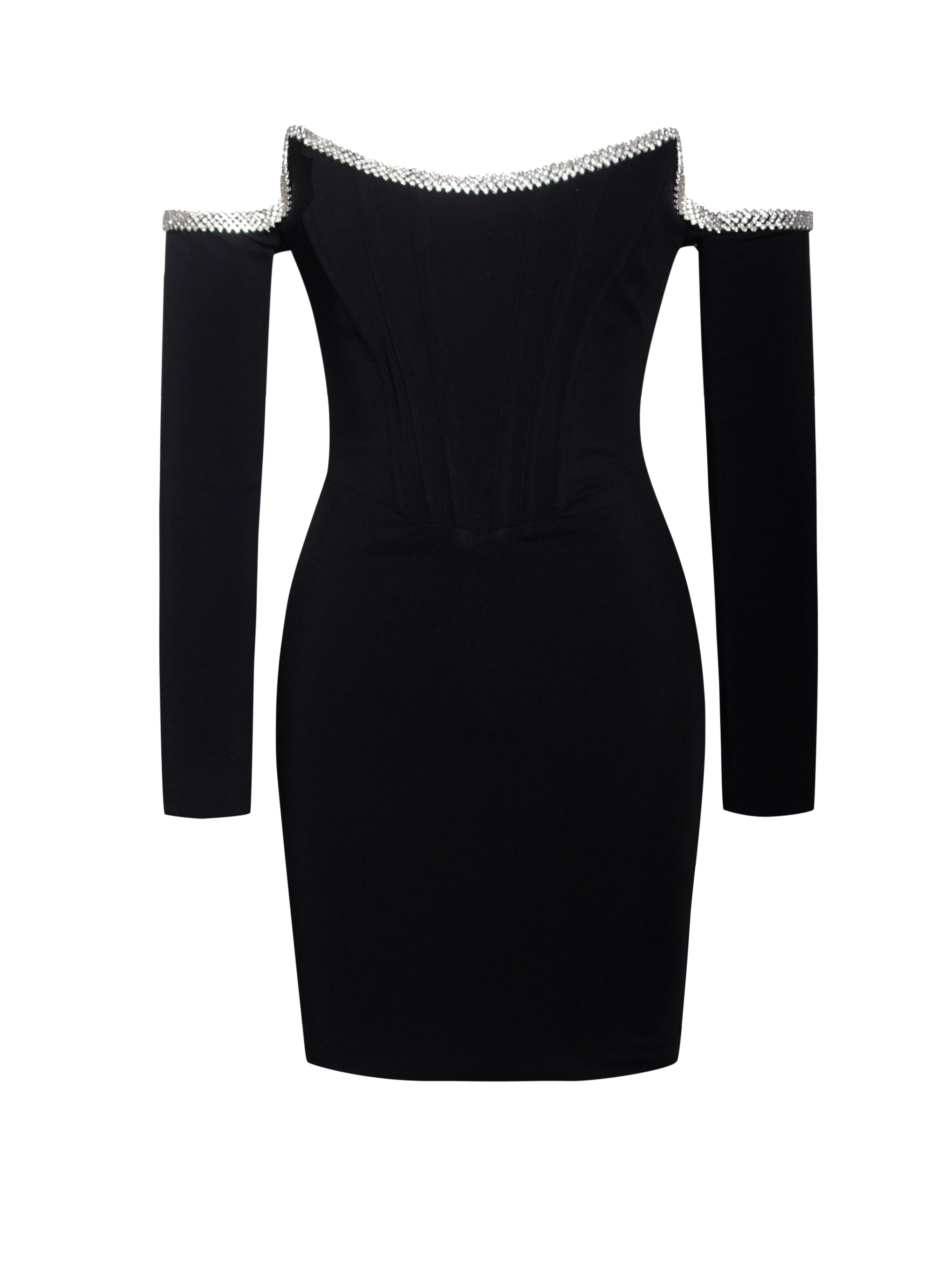 Annika Black Off Shoulder Long Trendy Sleeve Corset Dress With Crystal Trim Dresses