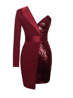 Silver Night Wine Red Graceful Sequin Crepe Tuxedo Blazer Dress Dresses