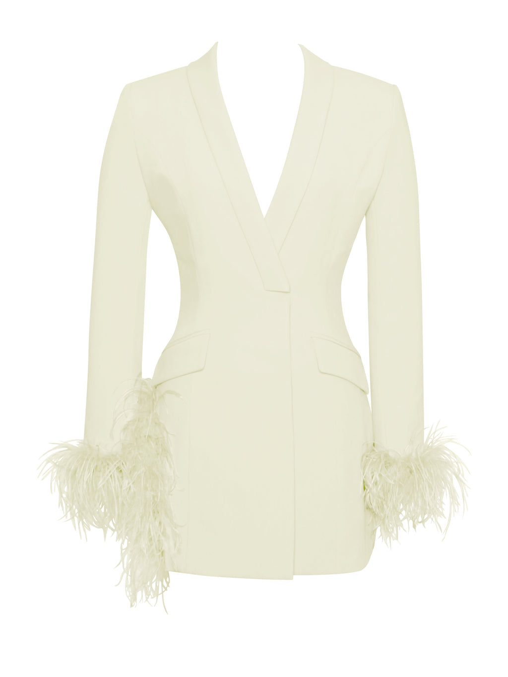 Madeline Pearl White Charming Feather Trim Blazer Dress