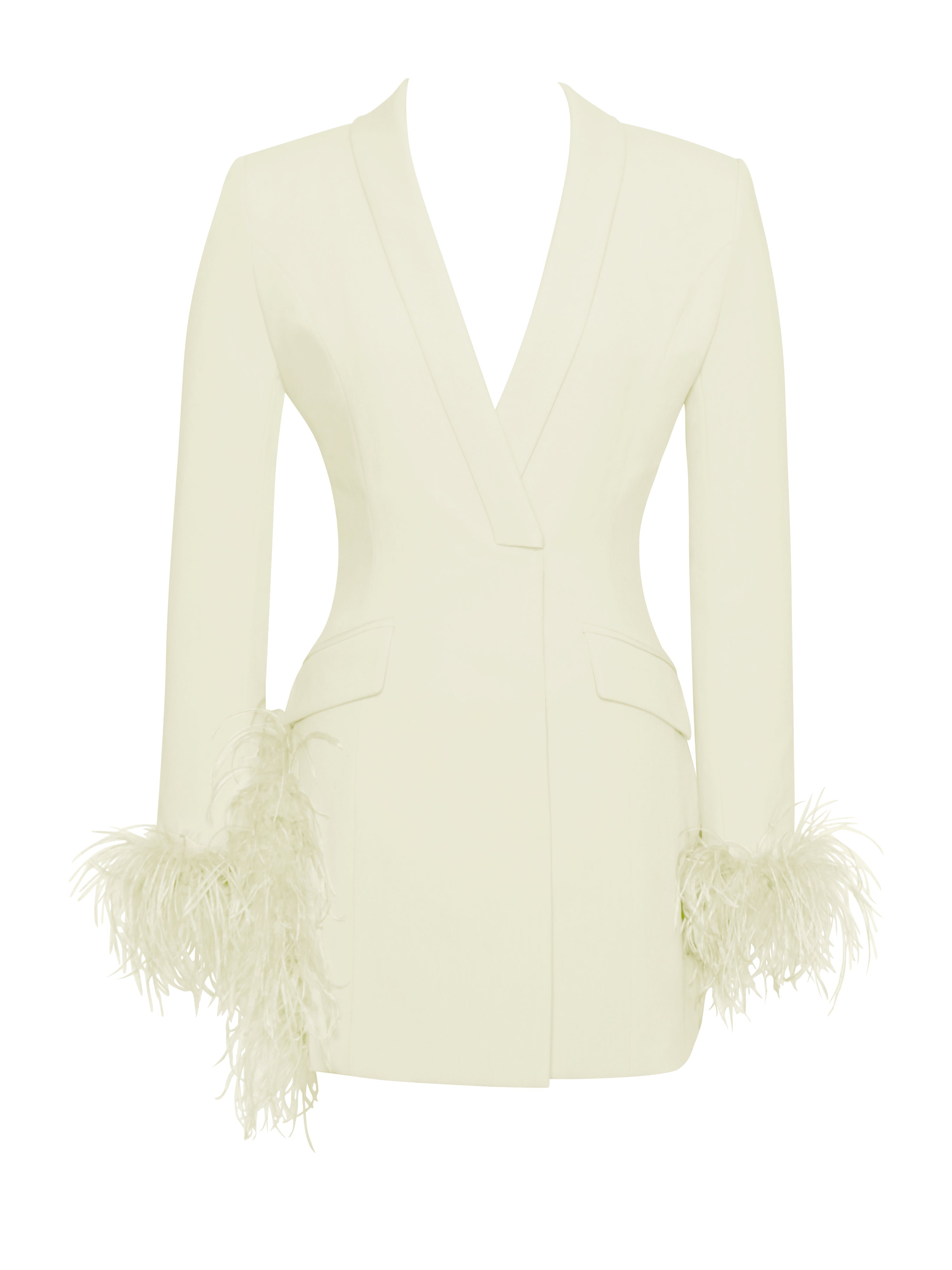 Madeline Pearl White Charming Feather Trim Blazer Dress