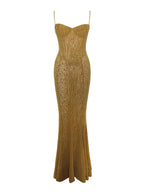 Ulani Gold Burnout Velvet Graceful Detail Mesh Maxi Dress Dresses