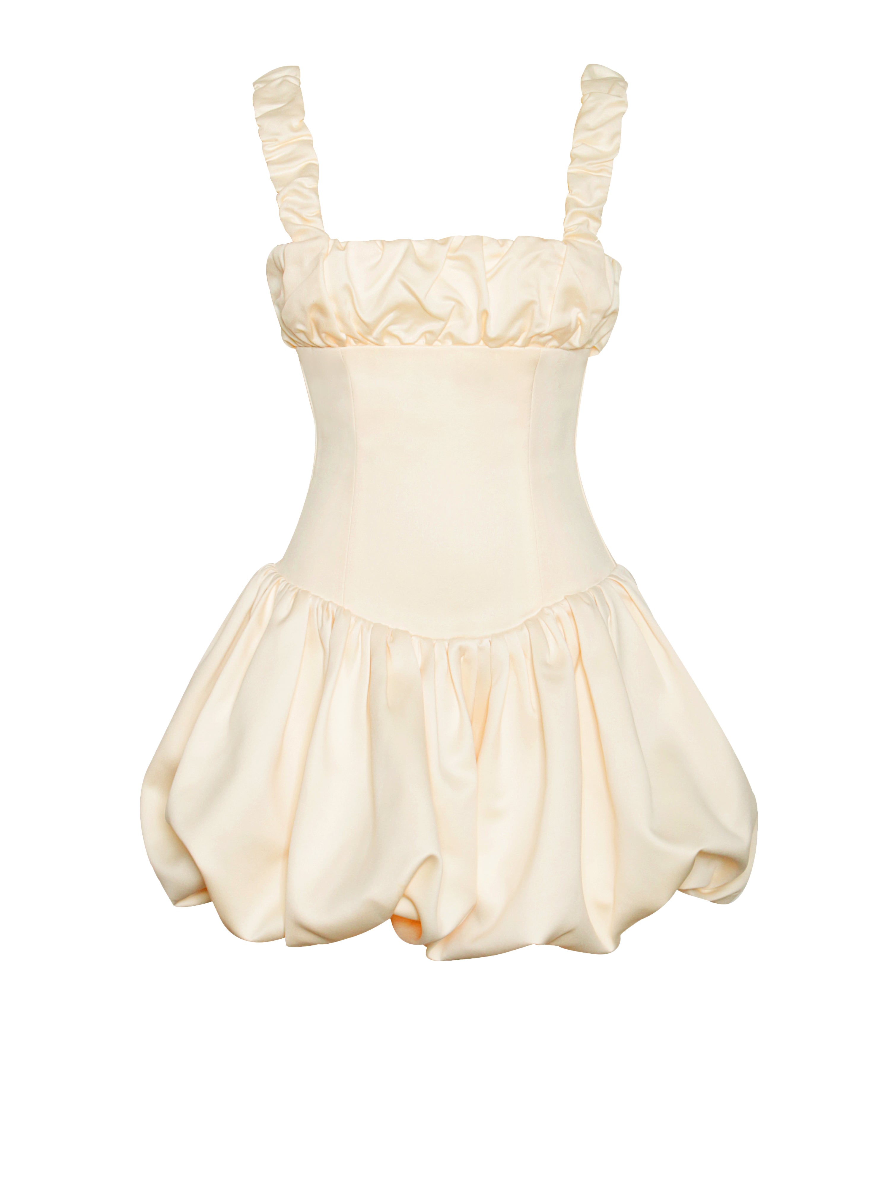 Aubrey Egg White Satin Graceful Bubble Hem Mini Dress Dresses