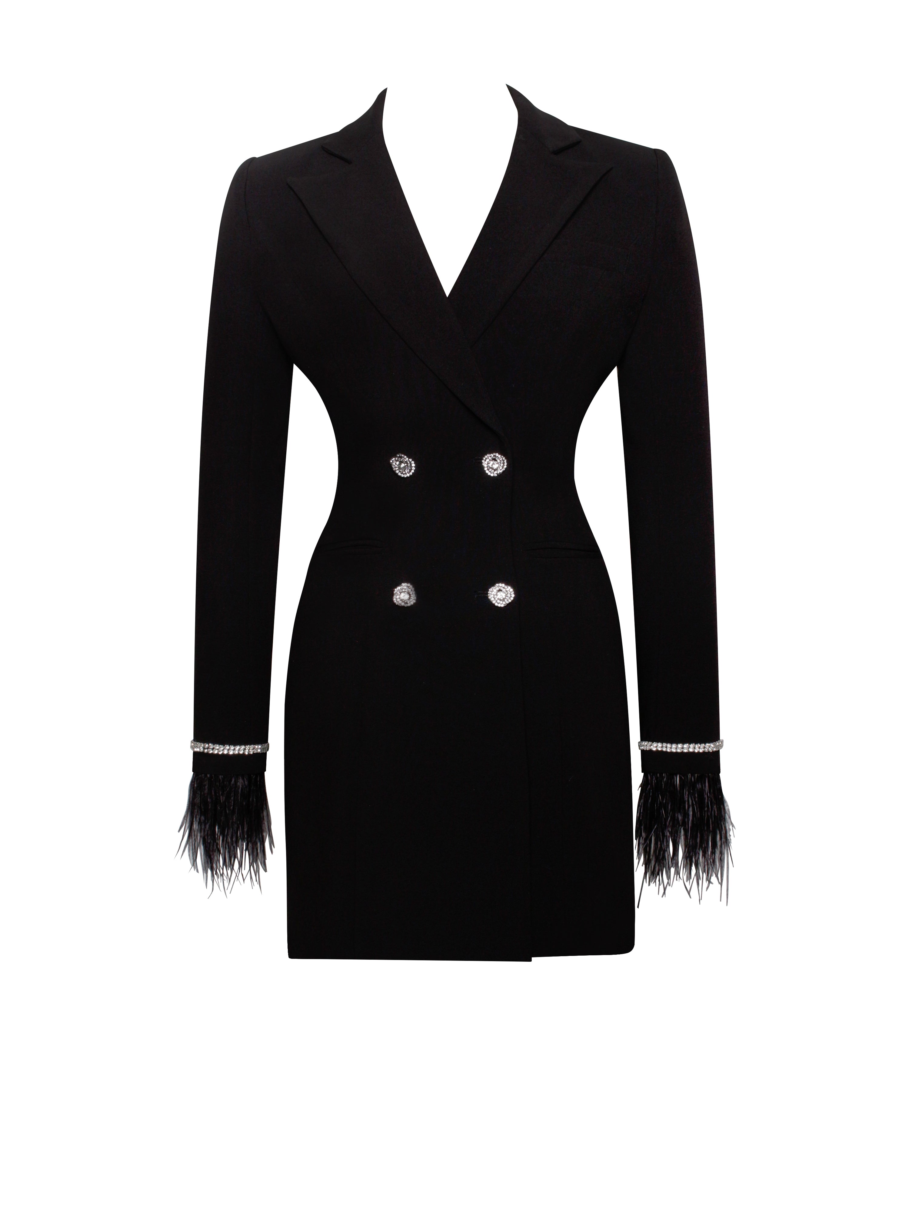 Quilla Black Feather Crystal Graceful Sleeve Backless Blazer Dress Dresses