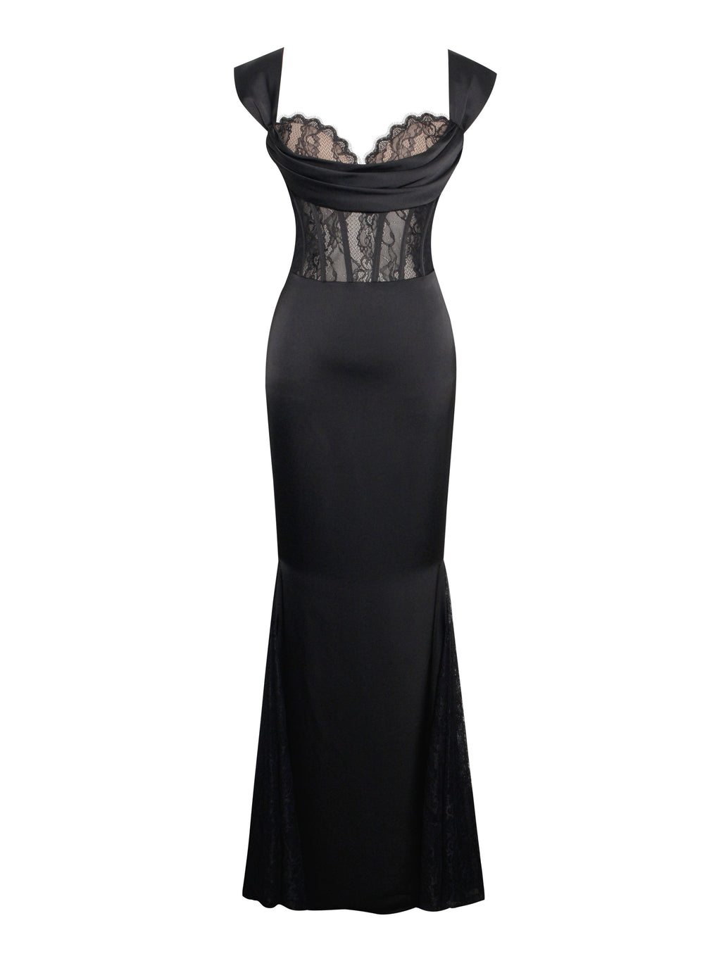Callista Black Satin Charming Lace Corset Maxi Dress Dresses