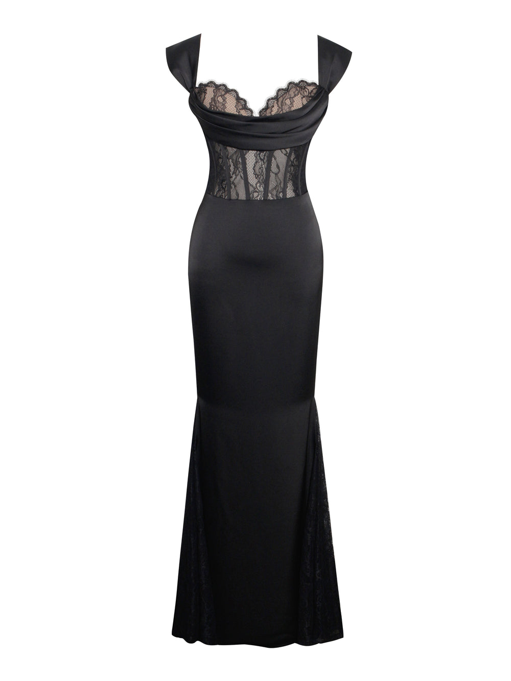 Callista Black Satin Charming Lace Corset Maxi Dress Dresses