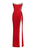 Xoana Red Crystal Charming Embellished High Slit Gown Dresses