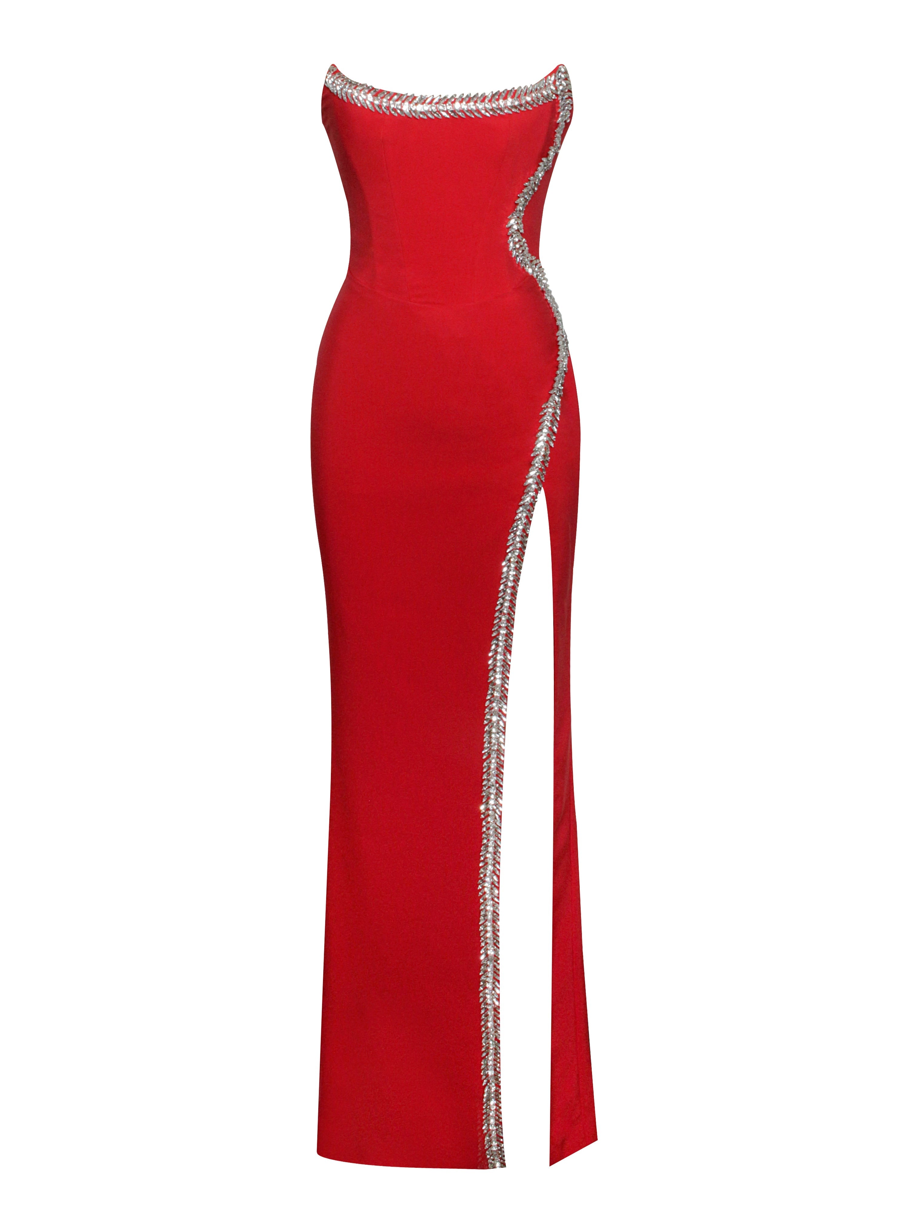 Xoana Red Crystal Charming Embellished High Slit Gown Dresses