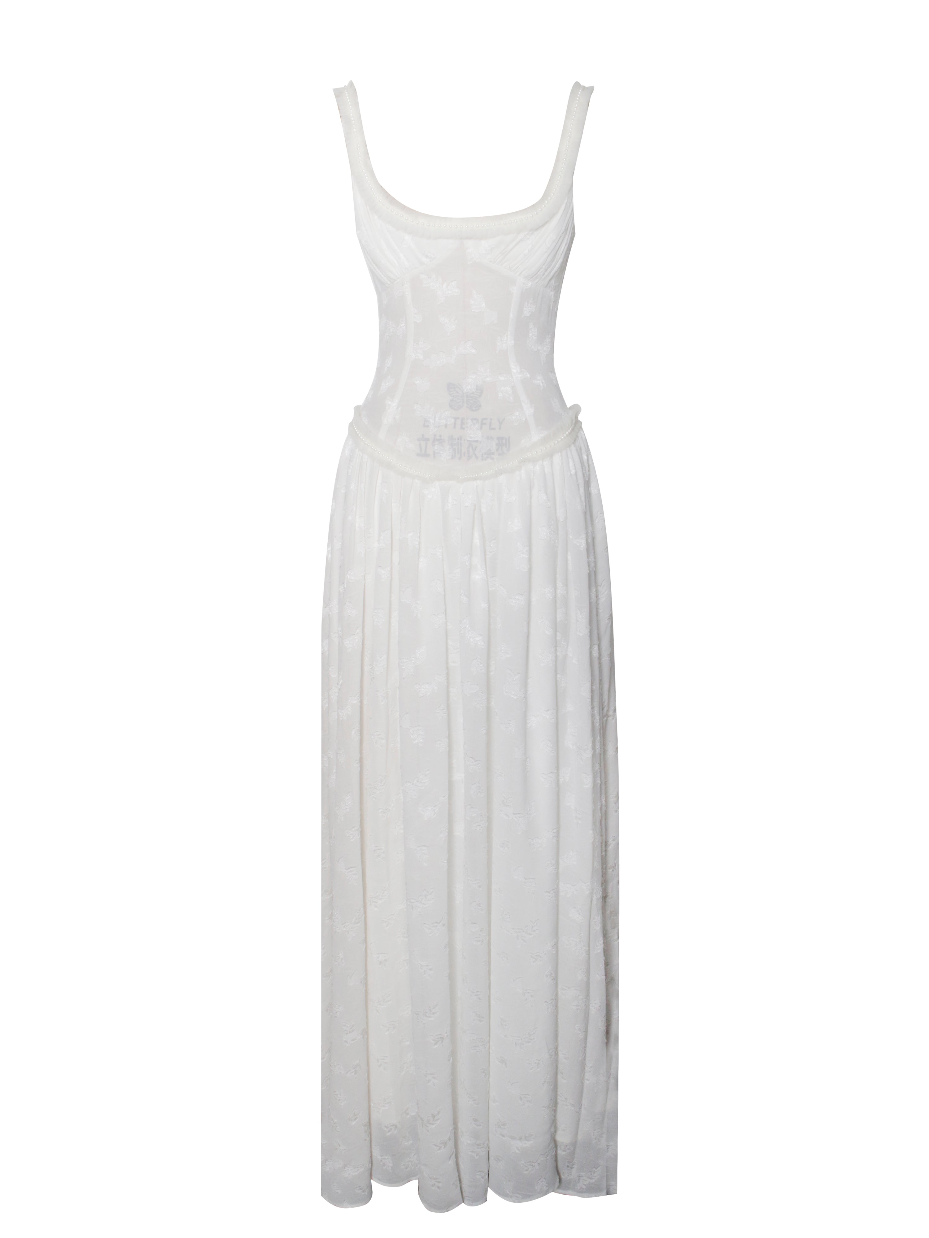 Ulissa White Square Neck Jacquard Trendy Textured High Slit Maxi Dress Dresses