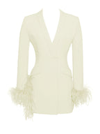 Madeline Pearl White Charming Feather Trim Blazer Dress