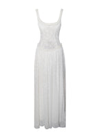 Ulissa White Square Neck Jacquard Trendy Textured High Slit Maxi Dress Dresses