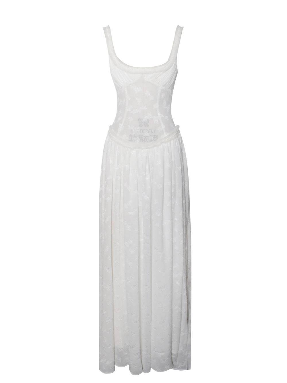 Ulissa White Square Neck Jacquard Trendy Textured High Slit Maxi Dress Dresses