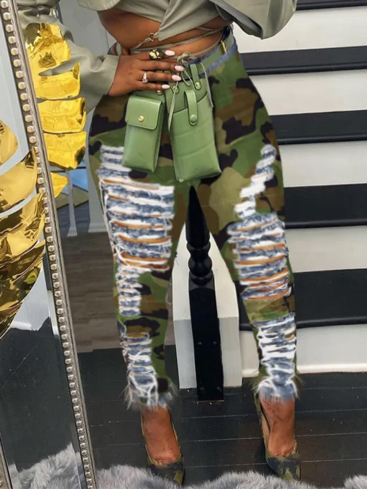 Ripped Camouflage Printed Jeans Jeans