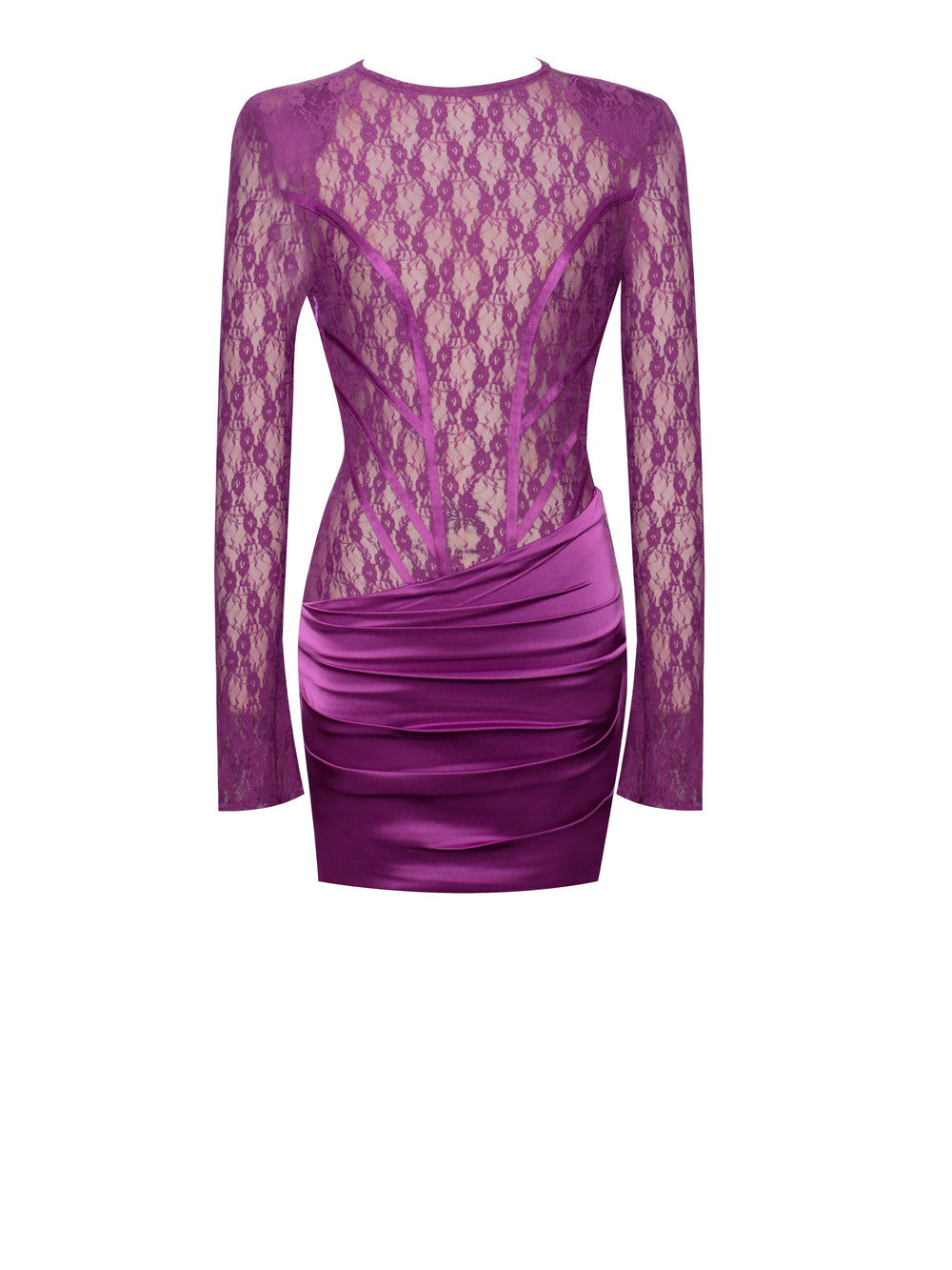 Quartney Purple Long Sleeve Graceful Lace Satin Mini Dress Dresses