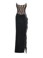 Gaia Black Lace Velvet Graceful Corset Side Slit Dress Dresses