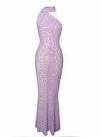 Olena Purple Burnout Velvet Animal Trendy Print Mesh Halter Neck Maxi Dress Dresses