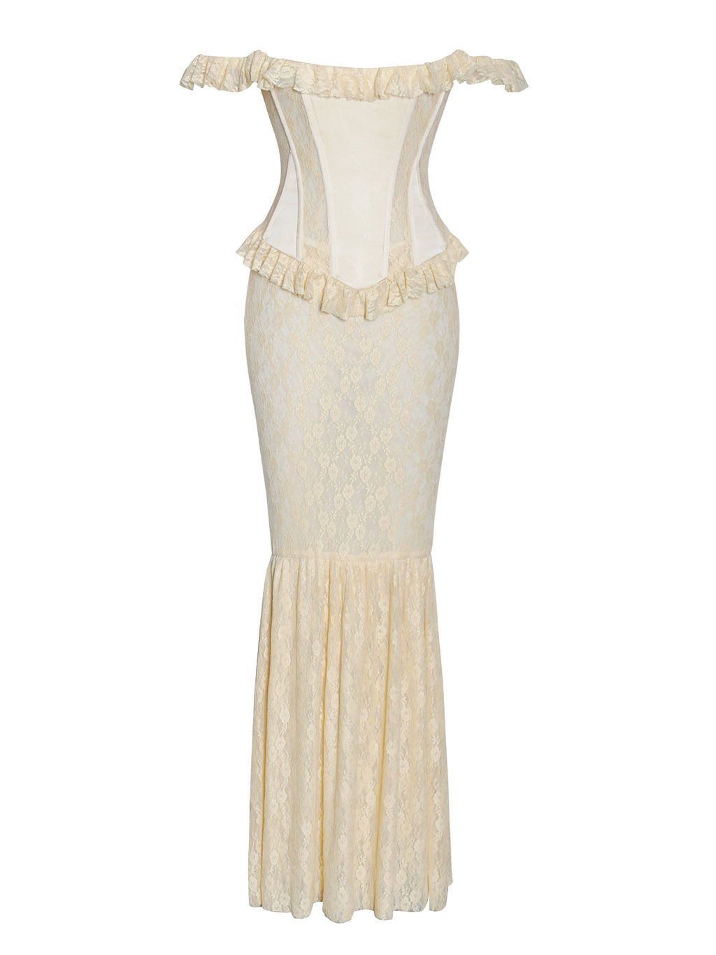 Ersilia Pale Yellow Satin Lace Trendy Peplum Corset Off Shoulder Maxi Dress Dresses