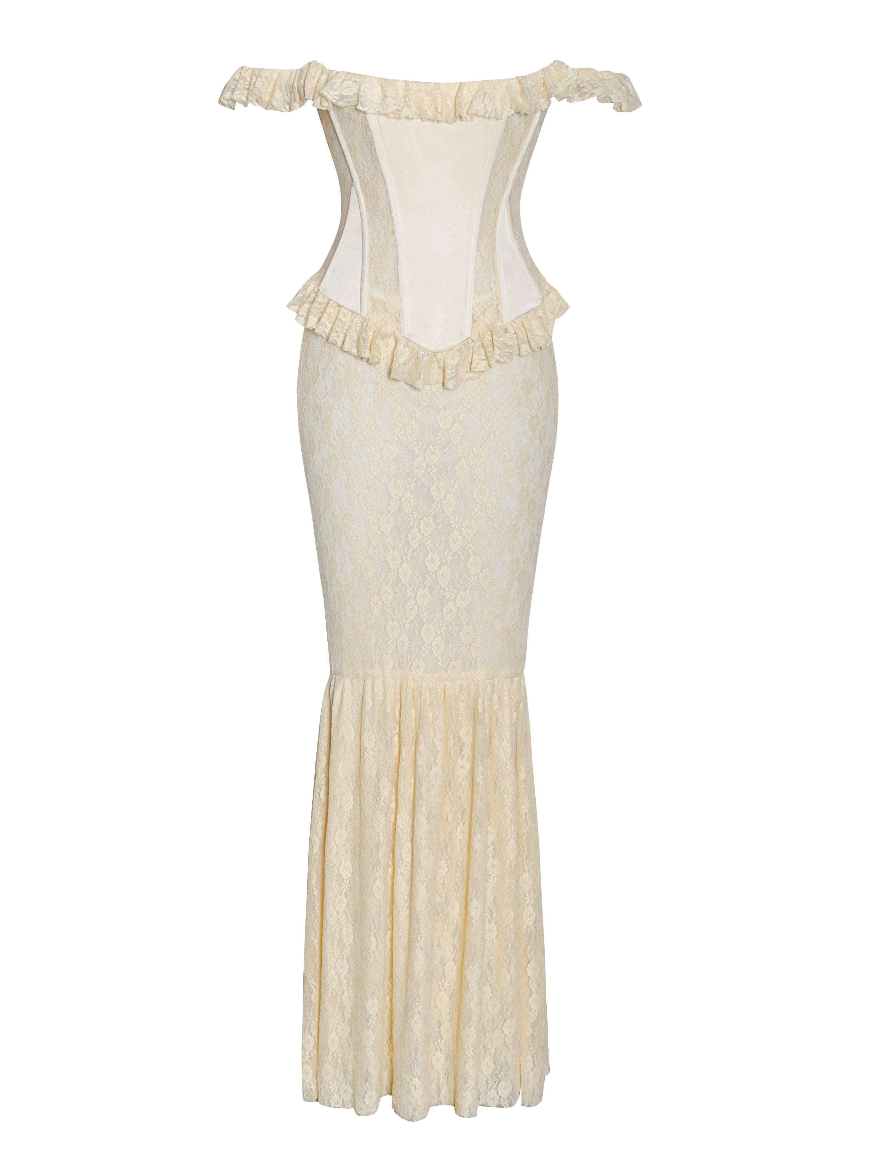 Ersilia Pale Yellow Satin Lace Trendy Peplum Corset Off Shoulder Maxi Dress Dresses