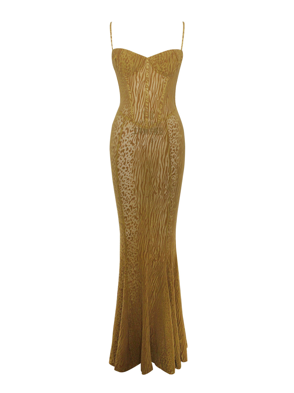 Ulani Gold Burnout Velvet Graceful Detail Mesh Maxi Dress Dresses