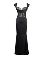 Callista Black Satin Charming Lace Corset Maxi Dress Dresses